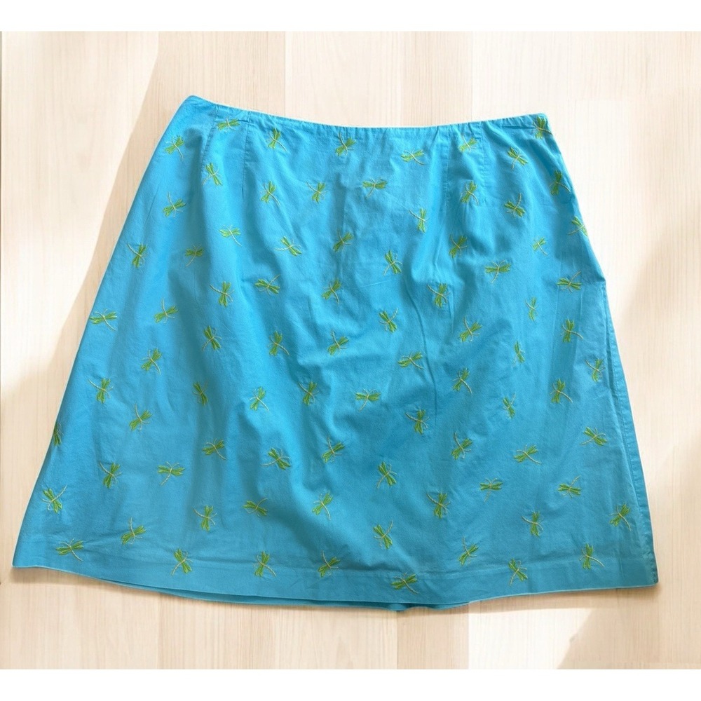 TALBOTS A-Line Cotton Skirt Lined Embroidered Dragonfly Side Zip Blue Green 20 W
